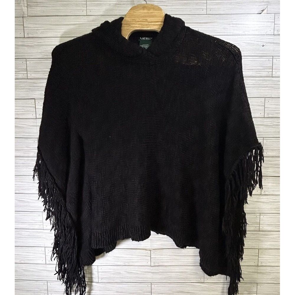 Lauren Ralph Lauren Poncho With Fringe Women's Black Cotton Acrylic Blend OS‎ - Picture 2 of 6